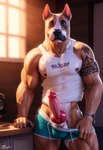 animal_genitalia animal_penis anthro big_muscles big_penis black_nipples black_nose bottomwear canine_genitalia canine_penis clothing erection fur genitals knot looking_at_viewer male muscular muscular_anthro muscular_male muscular_thighs nipple_piercing nipples pecs penis piercing pinup pose pulling_pants_down seductive sheath shirt shorts solo tan_body tan_fur tank_top tattoo topwear undressing veiny_abs veiny_arms veiny_biceps veiny_hands veiny_muscles white_body white_fur window bmrwcl canid canine canis domestic_dog mammal pit_bull hi_res