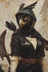 anthro axe bardiche belt brown_body brown_feathers clothing coat ear_tuft feathers female hood leather leather_clothing leather_hood leather_topwear melee_weapon polearm solo topwear tuft weapon bahufaru camila_hawk_(bahufaru) accipitrid accipitriform avian bird hi_res