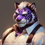 anthro black_nose black_sclera black_stripes blue_eyes clothing eyebrows fangs fur hair male purple_body purple_fur shirt solo straps stripes topwear white_eyebrows white_hair mugen_kuuhakuai mugen_kuuhaku felid mammal pantherine tiger