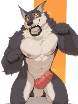 animal_genitalia animal_penis anthro athletic balls black_body canine_genitalia canine_penis collar_in_mouth erection front_view genitals handpaw happy kneeling knot male navel nude orange_eyes paw_pose paws pecs penis pose simple_background solo werewolf33_ai canid canine canis mammal wolf hi_res