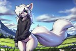 anthro blue_eyes blush bottomless bottomless_female clothed clothing featureless_crotch female fur furniture hair hoodie hoodie_only solo standing topwear topwear_only milkthefox milk_(milkthefox) arctic_fox canid canine fox mammal