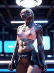 alien bottomwear clothing eyewear female grey_body halo_(series) hi_res humanoid looking_at_viewer marcus64 miniskirt navel neon_lights nipples pink_nipples sangheili skirt solo standing sunglasses translucent