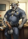 anthro badge balls belt blue_clothing blue_eyes bodily_fluids brown_nose clothing cum curved_horn desk ejaculation erection fur furniture genital_fluids genitals grey_body grey_fur hand_on_penis horn humanoid_genitalia humanoid_penis inside looking_at_viewer male masturbating musclegut muscular muscular_male office penis police_uniform shocked_expression slightly_chubby solo standing surprised_expression table tuft uniform zootopia aiaicaptain chief_bogo bovid bovine cape_buffalo mammal true_buffalo water_buffalo hi_res