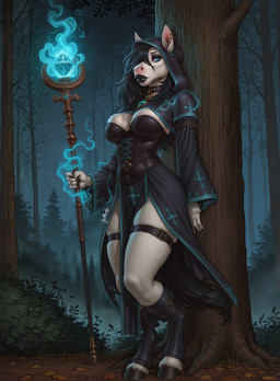 anthro black_clothing black_hair black_lips black_lipstick blue_eyes breasts cloak clothing ear_piercing fantasy female forest fur hair holding_object hooves lips lipstick looking_at_viewer magic_user makeup outside piercing plant solo tree white_body white_fur gilkardex monika_(gilkardex) equid equine horse mammal absurd_res hi_res