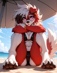 anthro beach bikini blep bottomwear breasts butt butt_from_the_front camel_toe claws clothing eyewear facial_piercing female fur glasses hair looking_at_viewer midriff navel nose_piercing nose_ring pawpads paws piercing red_body red_fur ring_piercing seaside seductive solo swimwear tongue tongue_out topwear tuft white_body kufihliwe nintendo pokemon canid canine generation_7_pokemon lycanroc mammal midnight_lycanroc pokemon_(species) hi_res