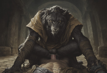 anthro balls black_body black_fur butt clothed clothing cowgirl_position dungeon duo from_front_position fur genitals male on_bottom on_top partially_clothed penis sex yellow_eyes hyperion felid feline mammal