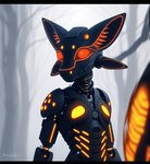 4_ears ambiguous_gender anthro avali black_body foggy glowing glowing_eyes icefoxai machine multi_ear plant red_eyes robot solo tree