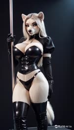 anthro big_breasts black_clothing bodice breasts clock clothing female fur hair inner_ear_fluff jewelry latex_clothing latex_leggings necklace pole solo stripper_pole tuft watch white_body white_fur white_hair fe_luniferal canid canine canis domestic_dog mammal animated webm