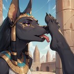 anthro black_body clothing duo egypt egyptian egyptian_clothing egyptian_mythology feet female female/female foot_fetish foot_focus foot_lick foot_play hair licking long_hair palace tongue tongue_out director_homer_26 anubis anubian anubian_jackal canid canine canis deity jackal mammal hi_res