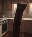 ambiguous_gender black_body black_fur domestic_cat felid feline felis feral fur inside kitchen long_neck mammal nightmare_fuel solo