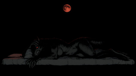 bed black_body black_fur blood_moon bodily_fluids breasts claws clenched_teeth crying fangs featureless_breasts female full_moon fur furniture glowing glowing_eyes looking_at_viewer lying moon navel night nude on_bed on_side pillow red_eyes red_moon sad sharp_teeth simple_background solo tears teeth anotheranon canid canine canis mammal werecanid werecanine werecreature werewolf wolf absurd_res hi_res restricted_palette widescreen