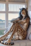 anthro arms_crossed bed bedroom black_hair blue_eyes digitigrade female fur furniture hair long_hair looking_at_viewer multicolored_body multicolored_fur nude on_bed pinup pose sitting sitting_on_bed smile solo spots tasteful_nudity window director_crashbandit felid leopard mammal pantherine hi_res novelai