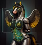 anthro black_hair blonde_hair blue_eyes breasts cybernetics cyborg equid equine female hair hands_behind_back horse icefoxai machine mammal nipples silver_body solo wings yellow_nipples