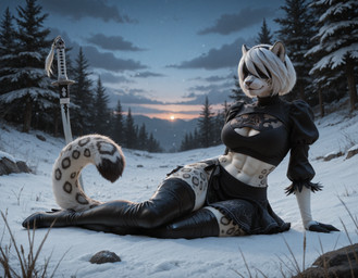 abs anthro big_breasts black_clothing boots bottomwear breasts cleavage clothed clothing cutout female footwear fur grey_body hair high_heeled_boots high_heels katana legwear markings melee_weapon muscular nature nature_background navel outside plant shoes skirt sky snow solo spots sword tail thigh_boots thigh_highs tree weapon white_body white_fur white_hair winter gridanon yorha_2b felid mammal pantherine snow_leopard detailed hi_res stable_diffusion