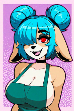 anthro apron breasts choker cleavage clothed clothing female frosting.ai hair i'm jewelry makeup necklace smile solo renz chloe canid canine canis domestic_dog herding_dog mammal pastoral_dog welsh_corgi hi_res