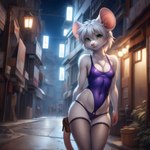 anthro breasts city city_background cleavage clothed clothing female fishnet fishnet_legwear fur green_eyes hair handbag legwear leotard mammal mouse murid murine navel neutron_alchemist night panties prostitution purple_clothing rodent short_hair skimpy small_breasts solo standing street street_lamp topwear underwear urban_background white_body white_fur white_hair