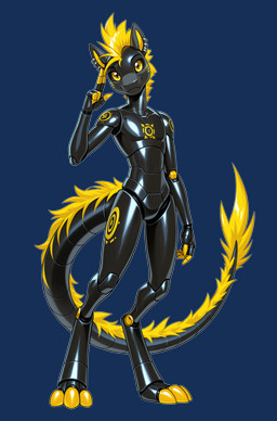 ambiguous_gender anthro black_body blonde_hair cybernetics ear_piercing ear_ring hair machine mythology piercing ring_piercing solo yellow_eyes anonymous_director e6ai mascot_2025 dragon equid equine horse hybrid mammal mythological_creature mythological_scalie scalie absurd_res hi_res huge_filesize