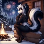 anthro black_body black_fur black_hair bottomless cabin clothed clothing female fire fireworks forest fur hair jacket mammal mephitid multicolored_body multicolored_fur multicolored_hair neutron_alchemist night partially_clothed plant sitting skunk smile snow solo topwear tree two_tone_body two_tone_fur two_tone_hair two_tone_tail white_body white_fur white_hair winter