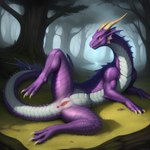 absurd_res anus dragon female feral forest genitals hi_res horn looking_at_viewer multicolored_body outside plant purple_body purple_scales pussy scales scalie solo spread_legs spreading tree two_tone_body wingless_dragon