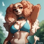 animal_nose anthro bikini choker clothing female fluffy fluffy_ears hand_behind_head jewelry multicolored_body navel necklace outdoors solo swimwear two_tone_body upper_body zaddha bird_dog canid canine canis cocker_spaniel domestic_dog hunting_dog mammal spaniel hi_res