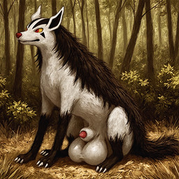 animal_genitalia balls big_balls feral forest genitals male penis penis_tip plant red_eyes sheath sitting solo tree yellow_sclera thedavid nintendo pokemon generation_3_pokemon mightyena pokemon_(species) hi_res