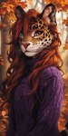 anthro autumn autumn_leaves blue_eyes brown_eyes clothing female hair heterochromia pink_nose purple_clothing purple_topwear red_hair solo solo_focus sweater topwear bahufaru ronia_ayelet_(bahufaru) felid jaguar mammal pantherine hi_res portrait