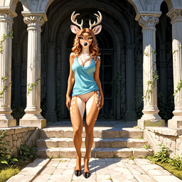 anthro antlers bottomless clothed clothing clothing_lift dress dress_lift female genitals hooves horn looking_at_viewer pussy solo standing denis0k cervid mammal