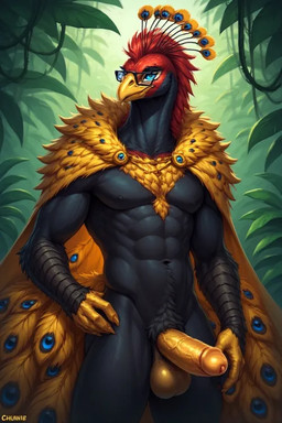 abs anthro balck-pubic-hair balls blue_eyes dragonthunder eyewear genitals glasses golden-cock hair jungle male red_hair royal-cape solo avian bird galliform peafowl phasianid attempted_signature