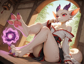 3_toes arch asian_clothing barefoot biped breasts chest_tuft claws clothed clothing crossed_legs day detailed_background digitigrade east_asian_clothing eyelashes feet female female_anthro finger_claws fingers flat_chested foot_focus fur hindpaw horn inside japanese_clothing kimono low-angle_view magic mythology pawpads paws pink_pawpads plant red_eyes scales sitting soles solo tail toe_claws toes tuft white_body white_fur white_scales window unknown_director hymonie_fluffscale(fluffscaler) dragon furred_kobold furred_scalie kobold mythological_creature mythological_scalie reptile scalie hi_res shaded