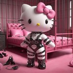 accessory bdsm bed bedroom bowtie clothed clothing desk dildo female footwear furniture harness latex partially_clothed pillow rubber rubber_clothing rubber_suit sex_toy shoes solo straps table lerrmot hello_kitty_(character) domestic_cat felid feline felis mammal