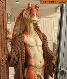 anthro balls clothing door genitals humanoid_genitalia humanoid_penis male mostly_nude navel nipples penis robe robe_only smile solo thetrueliamay star_wars jar_jar_binks alien gungan hi_res