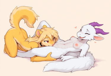 all_fours anthro belly_scales blonde_hair blush breasts claws cunnilingus duo eyes_closed female female/female fluffy fluffy_tail fur genitals grey_body grey_scales hair hand_on_hip horn inner_ear_fluff licking lying navel nipples non-mammal_breasts non-mammal_nipples on_back open_mouth oral pink_nipples pink_nose pussy raised_tail red_eyes round_ears scales sex simple_background small_breasts tan_body tan_fur tongue tongue_out tuft vaginal white_body white_fur yellow_body yellow_fur verbotenvertex hymonie_fluffscale(fluffscaler) mila_minx furred_kobold kobold mammal mink mustelid musteline true_musteline absurd_res hi_res