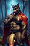 abs anthro balls big_balls big_pecs big_penis cape clothing finger_in_mouth forest genitals huge_penis male muscular muscular_male narrowed_eyes navel night nipples pecs penis plant red_cape solo thick_penis thick_thighs tongue tongue_out tree vein veiny_penis code_0_0 canid canine canis mammal were werecanid werecanine werewolf wolf