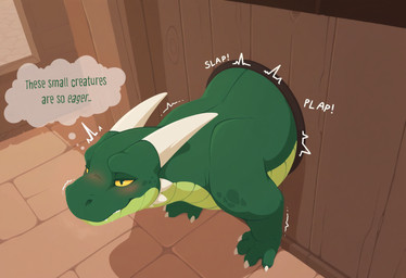 2_horns aroused blush blush_lines bodily_fluids claws countershade_face countershading drooling feral green_body green_countershading green_scales half-closed_eyes high-angle_view horn implied_sex looking_forward looking_pleasured male motion_lines mouth_closed multicolored_body multicolored_scales mythology narrowed_eyes no_sclera offscreen_sex public_use saliva scales smile solo sound_effects text thought_bubble through_wall tremble_spikes two_tone_body two_tone_scales ventral_scales wall_(structure) white_claws white_horn yellow_eyes unknown_director dragon mythological_creature mythological_scalie scalie english_text hi_res