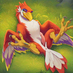 animal_genitalia animal_penis anus feral genitals looking_at_viewer lying male narrowed_eyes on_back outside penis red_body slit solo talons yellow_eyes lightning7 nintendo the_legend_of_zelda crimson_loftwing avian loftwing hi_res