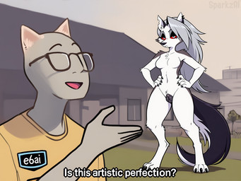 3_toes animal_ears animal_genitalia animal_pussy anthro black_pussy breasts canine_genitalia canine_pussy chest_tuft claws clothed clothed/nude clothed_anthro clothed_male clothed_male_nude_female clothing dialogue digitigrade duo ear_piercing ear_ring eyebrows eyewear featureless_breasts feet female female_anthro fur genitals glasses grey_body grey_fur grey_hair hair hands_on_hips humor long_hair male multicolored_body nude nude_anthro nude_female outside piercing pussy red_sclera ring_piercing standing tail text toes tuft white_body white_fur sergalbutt e6ai hellaverse helluva_boss meme_2026 anon loona_(helluva_boss) animal_humanoid canid canid_demon canine demon hellhound humanoid mammal director_name english_text meme signature