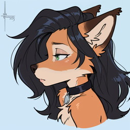 anthro black_hair black_nose chest_tuft collar collar_only countershading facial_tuft female fluffy frown fur glistening glistening_lips green_eyes hair lips looking_forward nude orange_body orange_fur side_view simple_background solo tuft white_body white_countershading numeradin anya_(numeradin) canid canine fox mammal headshot_portrait portrait