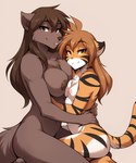 amber_eyes anthro areola breast_size_difference breast_squish breasts breasts_frottage brown_body brown_eyes brown_fur brown_hair butt chest_tuft countershading duo elbow_tuft embrace eyelashes female female/female fur hair hug inner_ear_fluff kneeling long_hair looking_at_viewer markings multicolored_body multicolored_fur navel nipples nude orange_body orange_fur simple_background sitting smile squish striped_body striped_fur stripes tail_markings tuft white_background white_body white_fur yellow_eyes anontk twokinds flora_(twokinds) natani canid canine felid keidran mammal pantherine tiger hi_res shaded