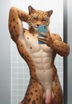 abs anthro armpit_hair athletic balls bathroom bmrwcl body_hair cellphone felid flaccid fur genitals hands_behind_head hi_res humanoid_genitalia humanoid_penis inside leopard leopard_spots looking_at_viewer male mammal mirror muscular muscular_anthro muscular_male nipples nude pantherine pecs penis phone pose seductive selfie smile solo spots spotted_body spotted_fur vein veiny_penis white_body white_fur yellow_body yellow_eyes yellow_fur