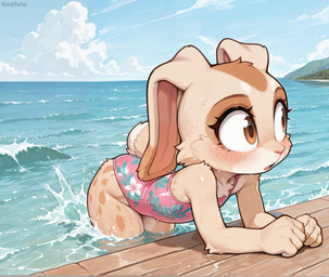 anthro bent_over big_ears big_eyes blue_sky blush blush_lines brown_body brown_eyes brown_fur clothing cloud curious eyebrows eyelashes female floppy_ears fur grassland leaning leaning_forward looking_away multicolored_body multicolored_fur partially_submerged rabbit_ears sand sea seaside sky snout solo splash spots spotted_body spotted_fur swimwear tan_body tan_fur tuft two_tone_tail water wave wet white_body white_fur wood_floor young snafuw sega sonic_the_hedgehog_(series) cream_the_rabbit lagomorph leporid mammal rabbit 2026 detailed director_name hi_res novafurryxl_(model)