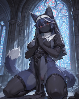 anthro bottomless church clothed clothing female genitals kneeling nun nun_habit praying pussy solo denis0k canid canine canis mammal wolf hi_res