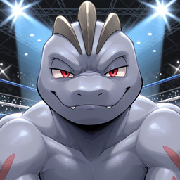 anthro fighting_ring grey_body looking_at_viewer male red_eyes ridges smile solo spotlight jtizzle1989 nintendo pokemon generation_1_pokemon machoke pokemon_(species) headshot_portrait portrait