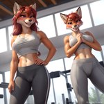 abs absurd_res anthro bcai bottomwear breasts camel_toe canid canine clothed clothing duo erect_nipples erect_nipples_under_clothes female fox fully_clothed gym gym_clothing hair hand_on_hips hi_res inner_ear_fluff looking_at_viewer mammal midriff nipple_outline nipples orange_hair pants pink_eyes red_hair seductive smile sweaty tuft yoga_pants