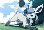 animal_genitalia balls blue_eyes bodily_fluids chest_tuft claws cloud dipstick_arms dipstick_tail ears_up feral genital_fluids genitals grass head_crest looking_back male markings plant pose precum sheath solo tail_markings toe_claws tree tuft director_seam eeveelution generation_4_pokemon glaceon pokemon_(species)