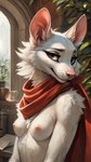 anthro breasts brown_eyes detailed_background female fluffy hi_res looking_at_viewer mammal mostly_nude mouse murid murine nipples oldhroft pink_nose portrait red_scarf rodent scarf scarf_only side_view small_breasts smile solo whiskers white_body