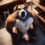 absurd_res anthro balls blush bodily_fluids canid canine canis collar domestic_dog genital_fluids genitals hi_res humanoid_genitalia humanoid_penis kneeling leaking_precum male mammal pecs penis precum pup_tobey solo