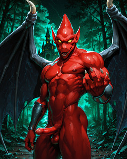 anthro balls bracelet castle_background claws empty_eyes erection fangs genitals humanoid_genitalia humanoid_penis humanoid_pointy_ears jewelry male membrane_(anatomy) membranous_wings navel nipples nude open_mouth penis red_body smile solo teeth wings krenkoscommand_(director) capcom firebrand demon gargoyle hi_res