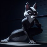 absurd_res anthro barefoot bodysuit breasts bushy_tail canid canine canis clothing crouching feet female fur grey_body grey_eyes grey_fur hi_res mammal mrmystery serious shadow skinsuit small_breasts sneaking_suit solo tight_clothing wall_(structure) white_body white_fur wolf