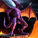 absurd_res anthro balls claws dragon genitals hi_res lava male metroid nipples pecs penis pup_tobey ridley scalie solo spread_wings wings