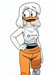 anatid anseriform anthro aperture_logo aperture_science avian beak bird black_eyes breasts cleavage clothed clothing cloud9999 cosplay costume cybernetic_leg cybernetic_limb della_duck disney duck ducktales ducktales_(2017) eyebrows eyeliner feathers female hair hand_on_hip hi_res jumpsuit looking_aside makeup non-mammal_breasts open_mouth orange_clothing portal_(series) portrait raised_eyebrow shirt simple_background smile solo tank_top text text_on_clothing three-quarter_portrait topwear valve white_background white_body white_clothing white_feathers white_hair white_skin white_topwear wide_eyed